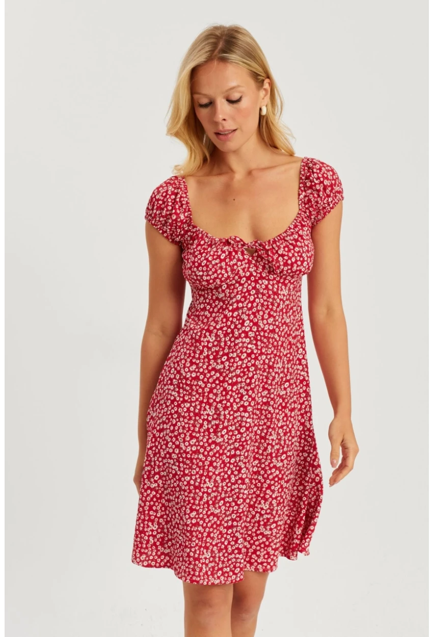 Kadın Kırmızı Çiçekli Mini Elbise GÇ165