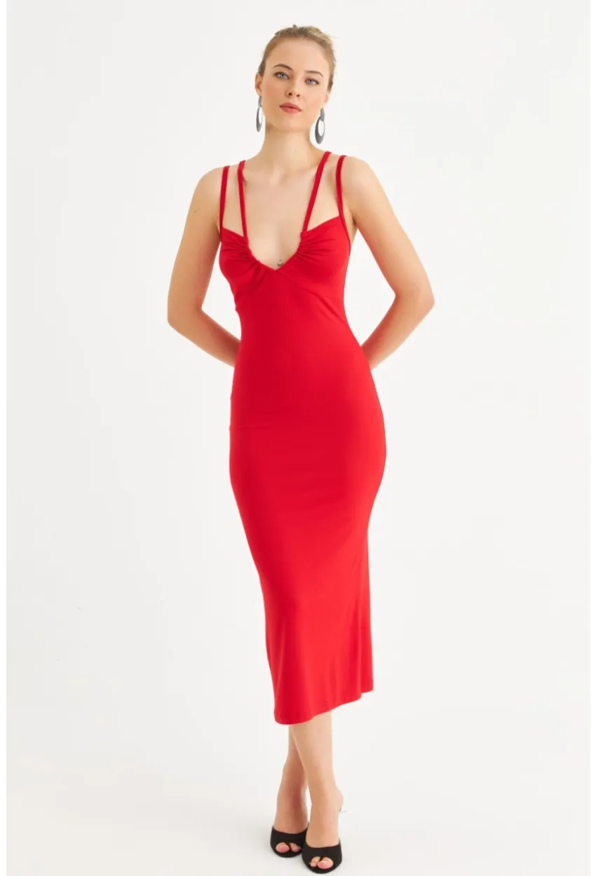 Kadın Kırmızı Çift Askılı V Yaka Midi Elbise EY3087