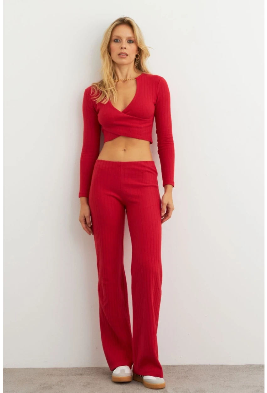 Kadın Kırmızı Crop Üstlü İkili Pantolon Takım XL10052