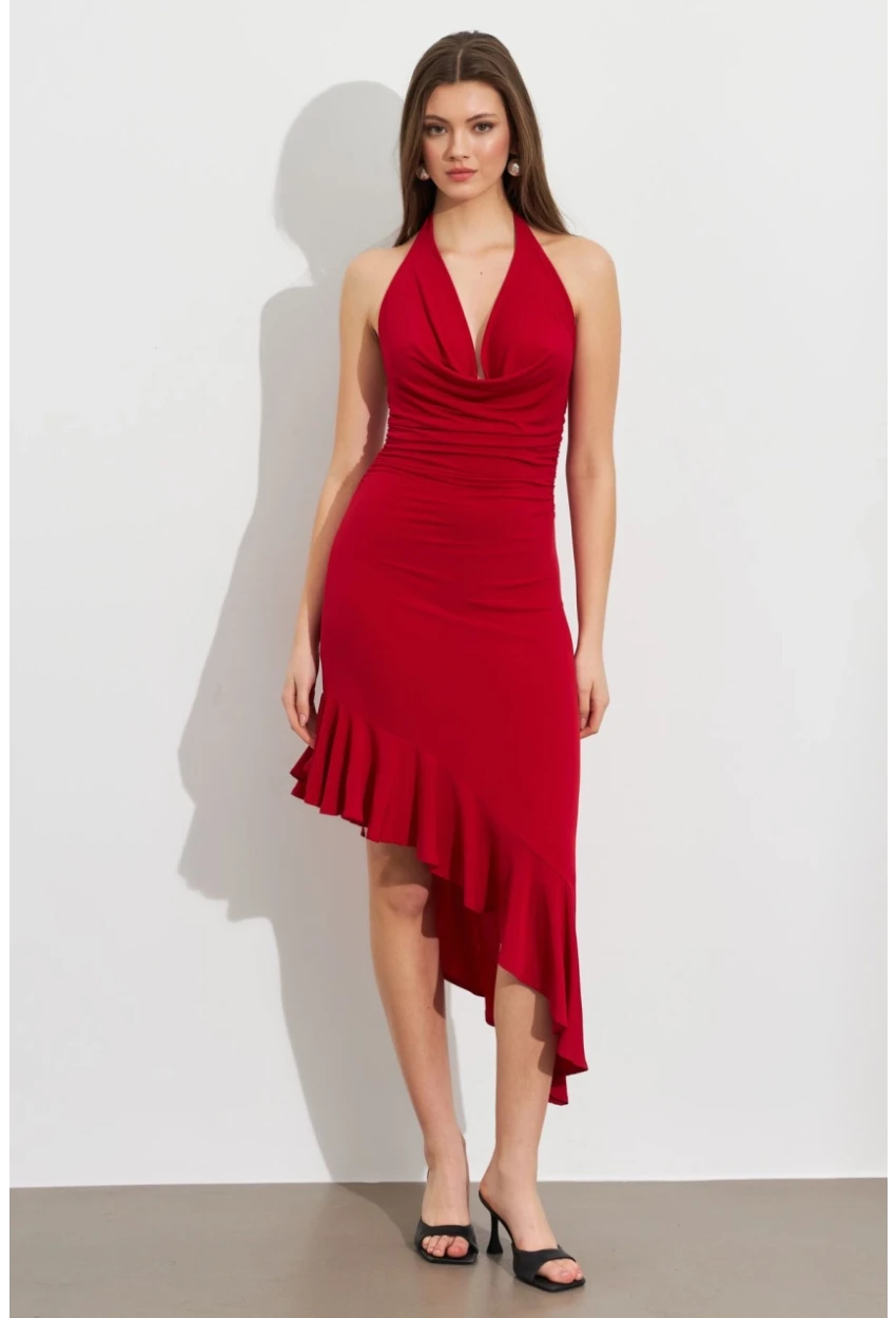 Kadın Kırmızı Degaje Asimetrik Midi Elbise İRE1436