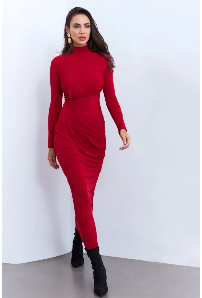 Kadın Kırmızı Drapeli Maxi Elbise LİK12