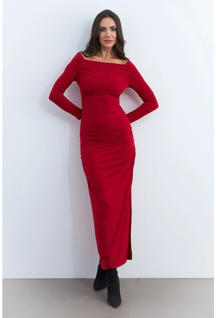 Kadın Kırmızı Drapeli Maxi Yılbaşı Elbise SHR7