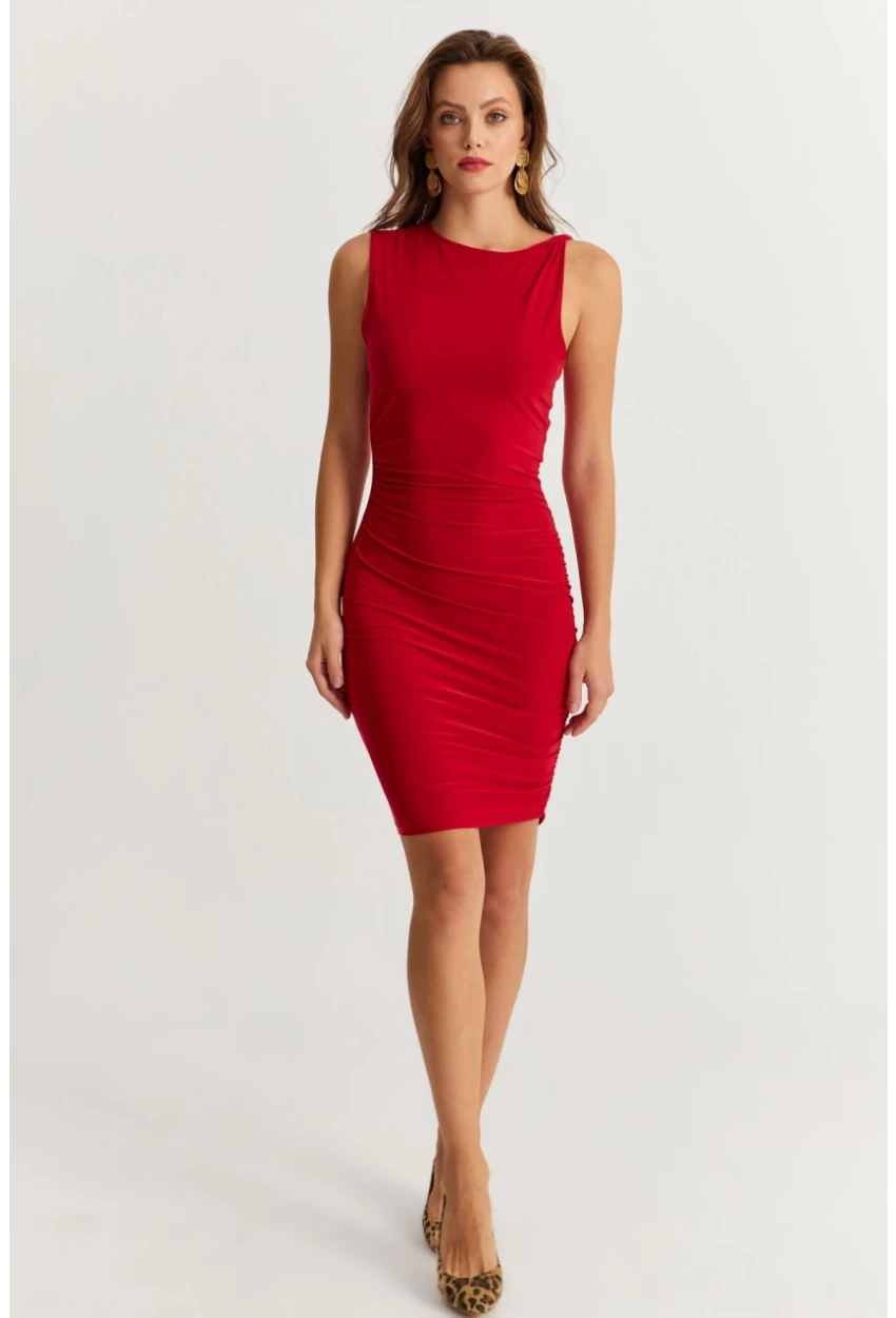 Kadın Kırmızı Drapeli Midi Elbise ELT155