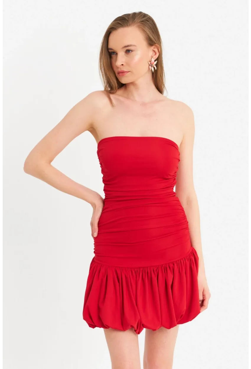 Kadın Kırmızı Drapeli Mini Elbise B6033