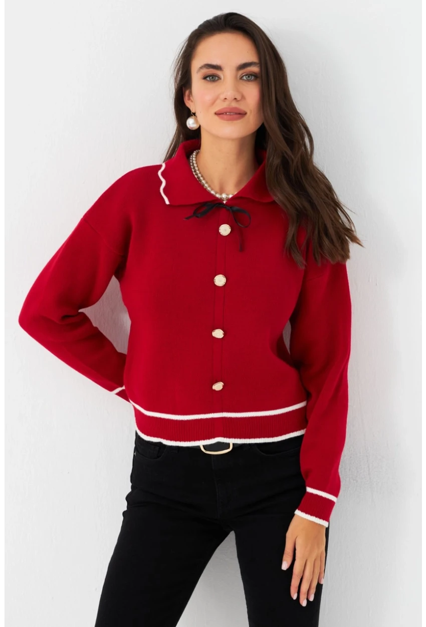 Kadın Kırmızı Düğme Aksesuarlı Kazak MCNG802