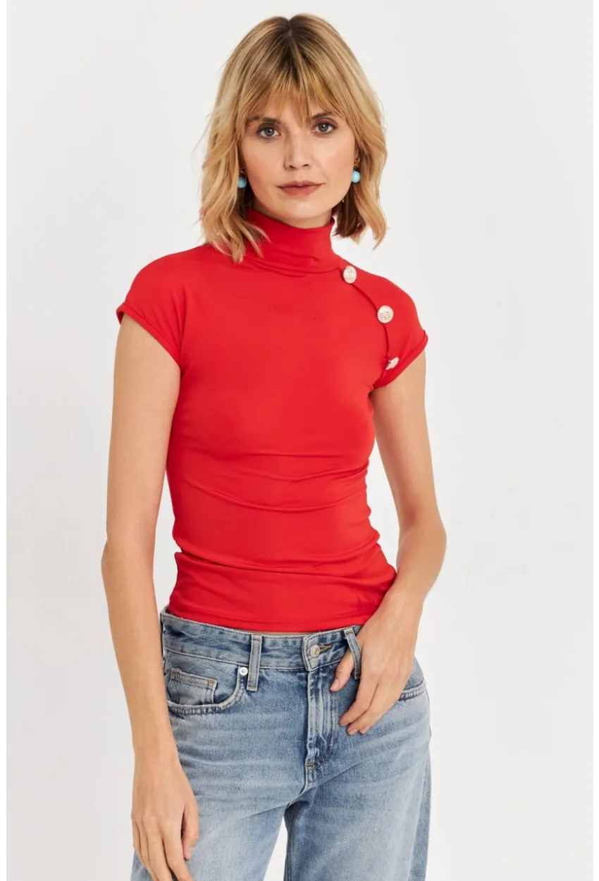Kadın Kırmızı Düğme Detaylı Bluz EY3027