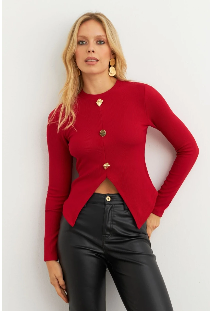Kadın Kırmızı Düğme Detaylı Bluz RLO83