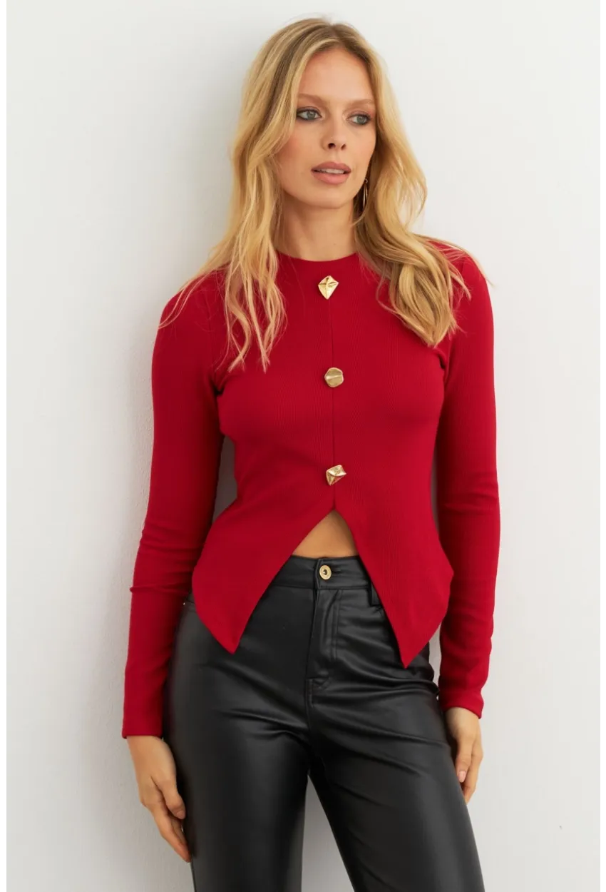 Kadın Kırmızı Düğme Detaylı Bluz RLO83