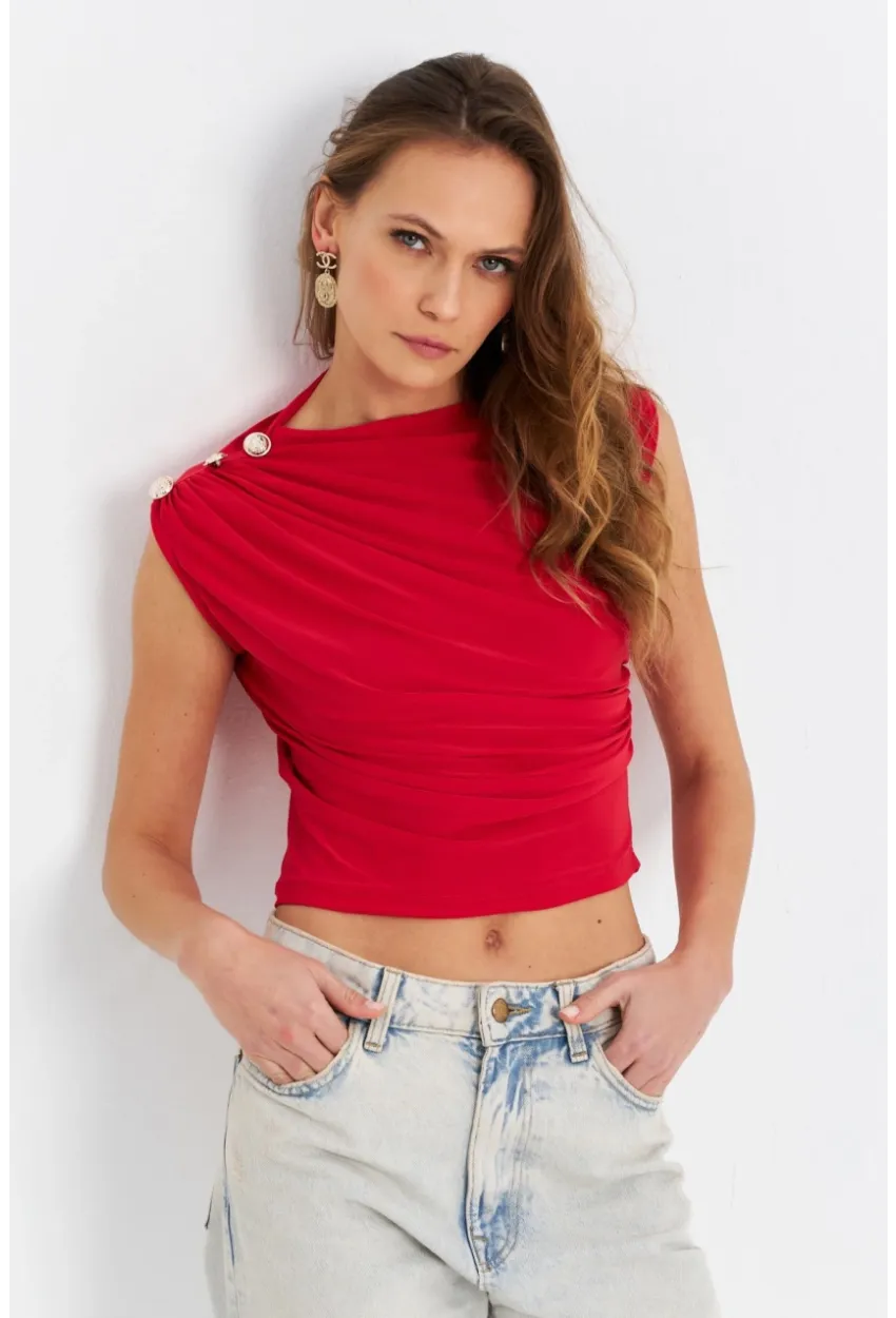 Kadın Kırmızı Düğme Detaylı Büzgülü Bluz LPP1205-1