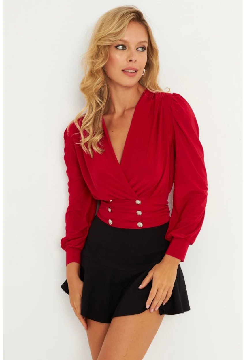 Kadın Kırmızı Düğme Detaylı Kruvaze Bluz ELT3188