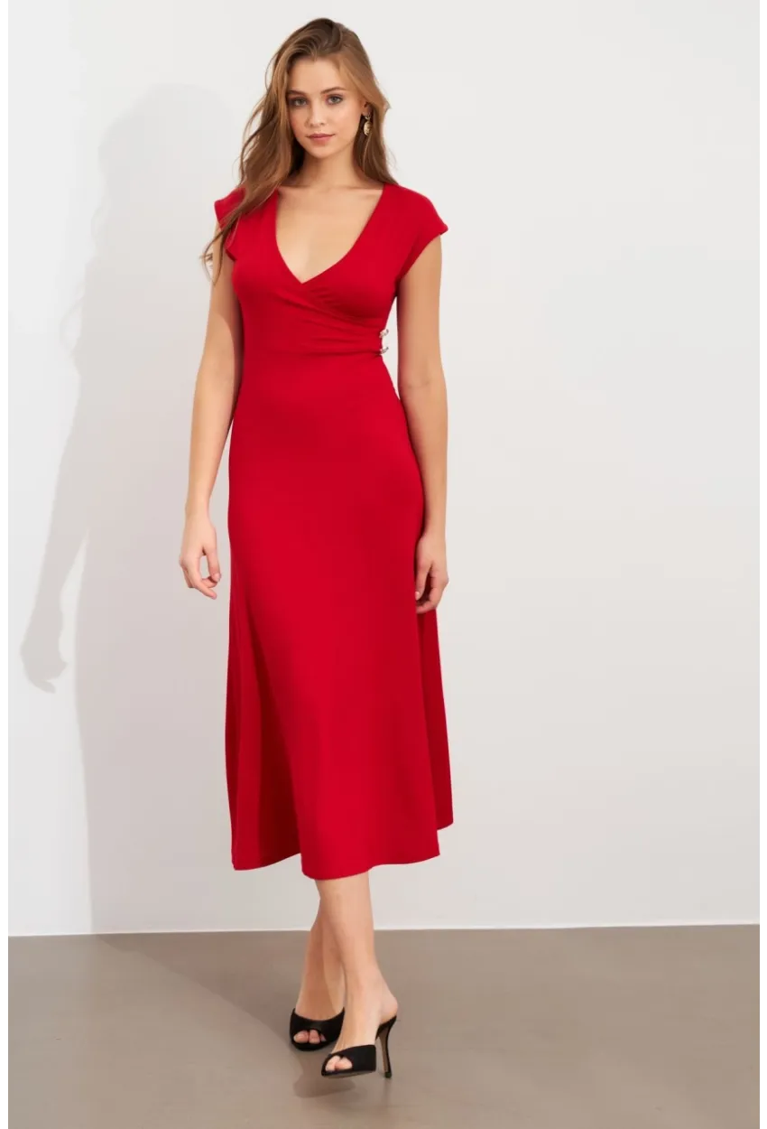 Kadın Kırmızı Düğme Detaylı Kruvaze Midi Elbise EY0011