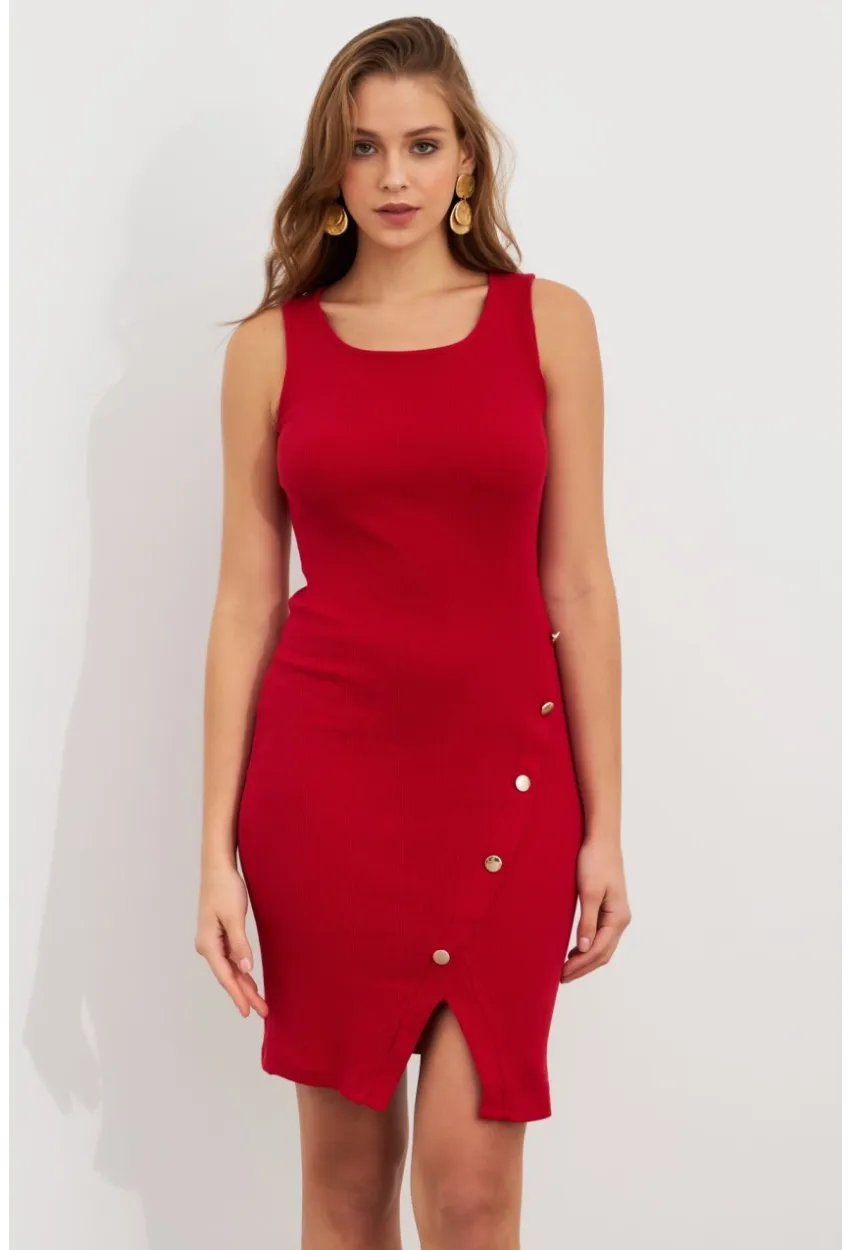 Kadın Kırmızı Düğme Detaylı Midi Elbise URO1111