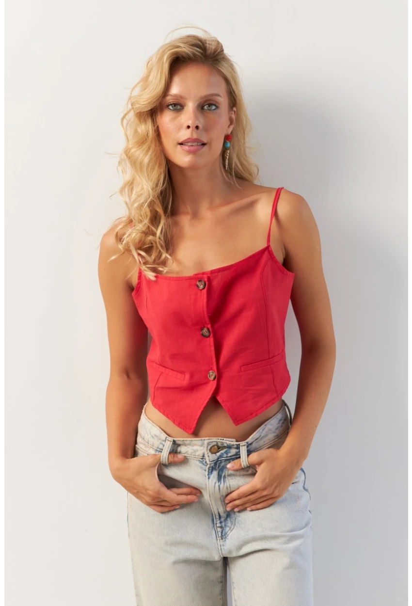 Kadın Kırmızı Düğmeli İp Askılı Yelek MP20153
