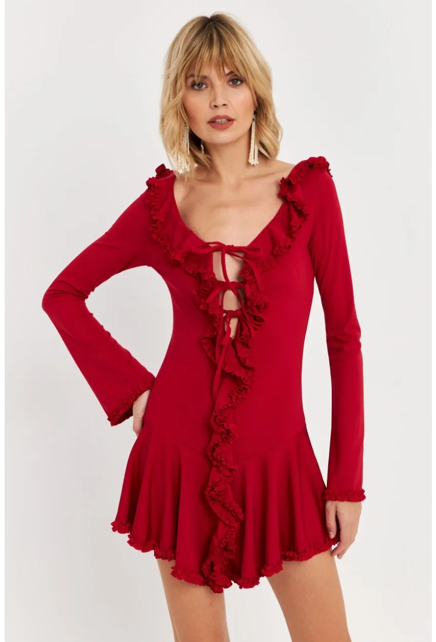Kadın Kırmızı Fırfırlı Mini Elbise DCF121