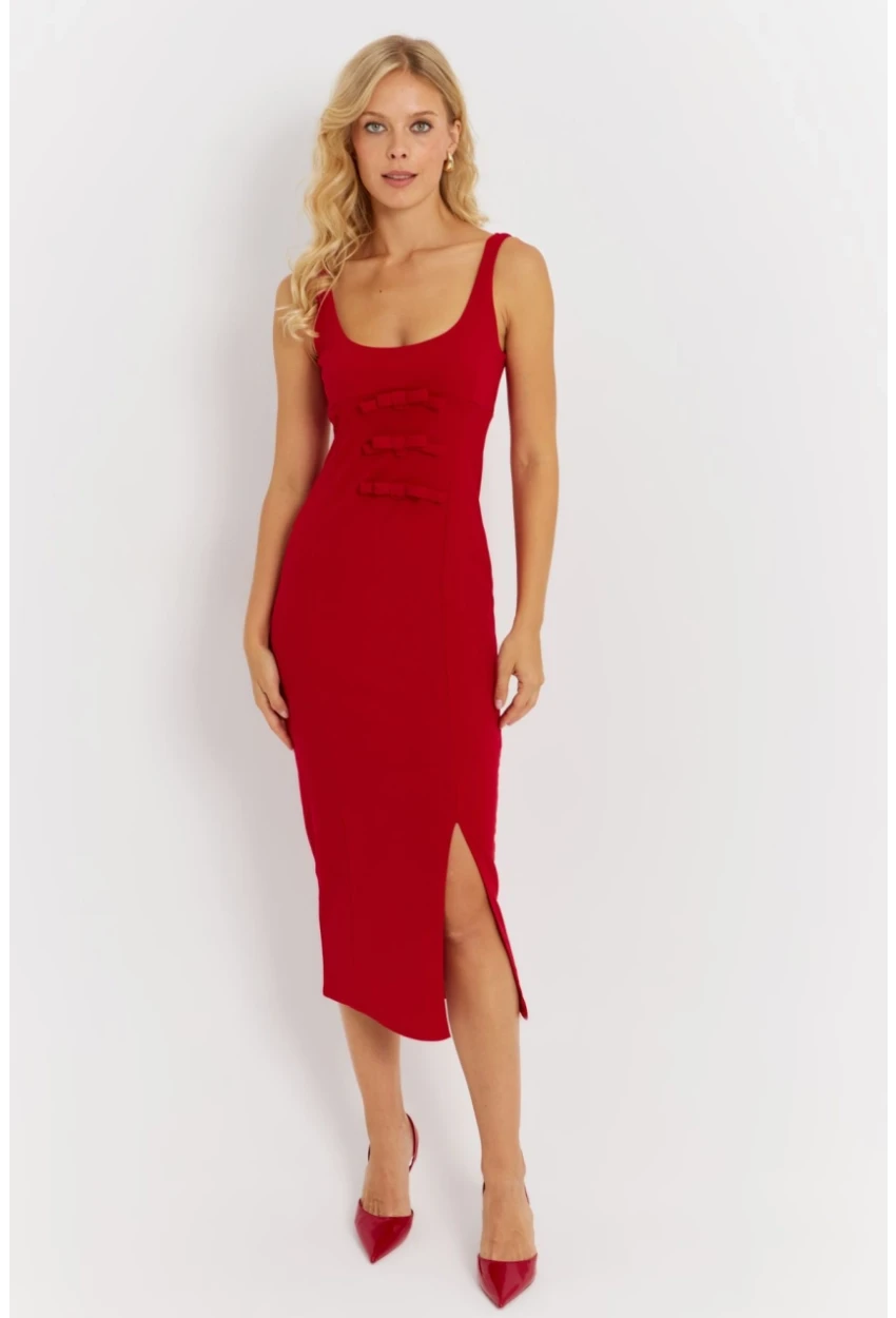 Kadın Kırmızı Fiyonk Detaylı Yırtmaçlı Midi Elbise KED4283