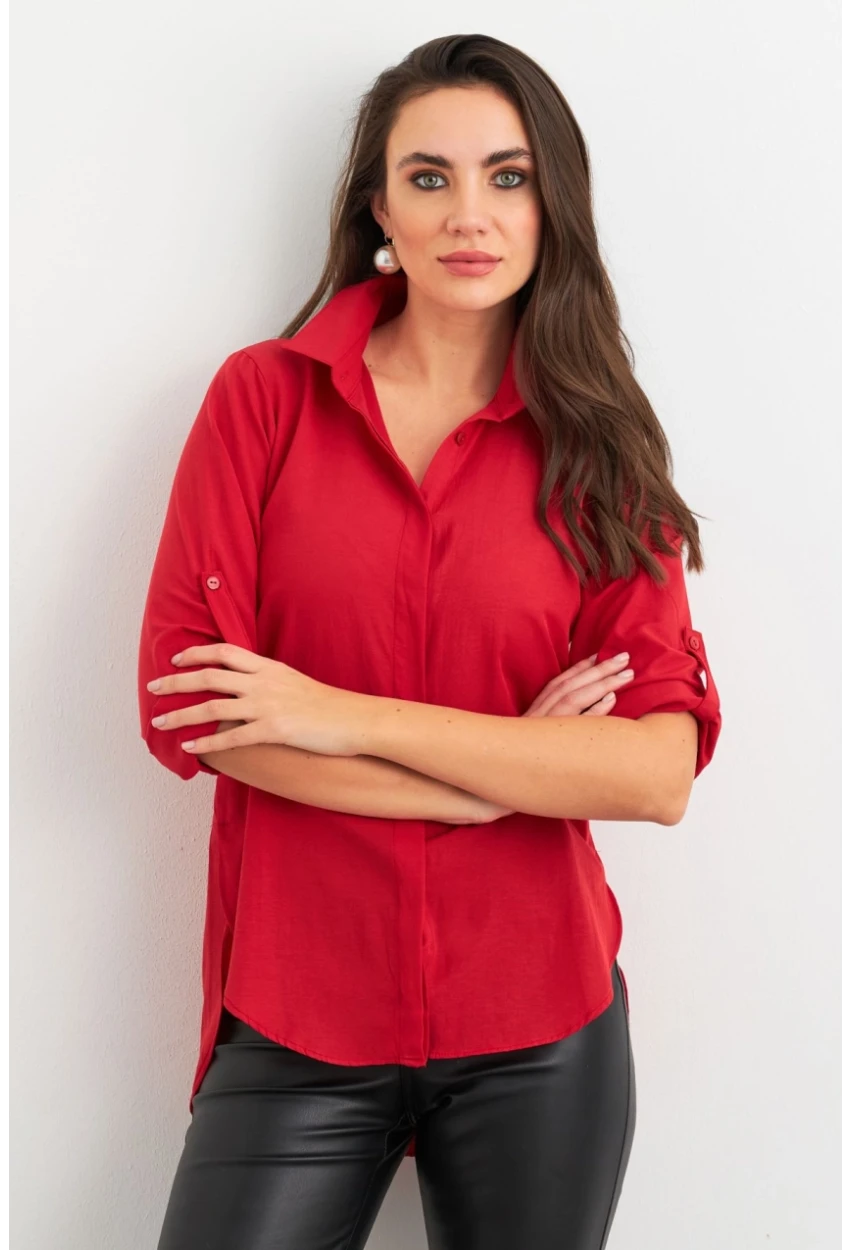 Kadın Kırmızı Gizli Düğmeli Uzun Gömlek SF2001