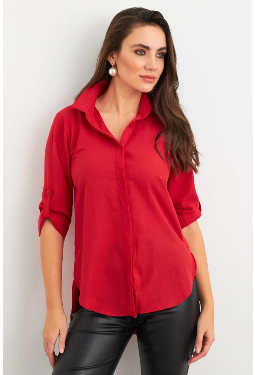 Kadın Kırmızı Gizli Düğmeli Uzun Gömlek SF2001