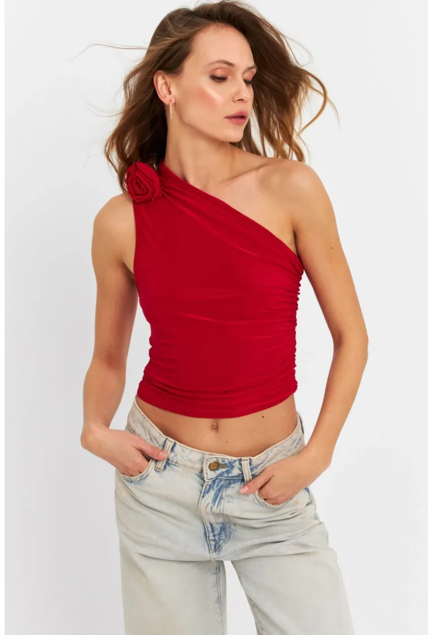 Kadın Kırmızı Gül Aksesuar Detaylı Crop Bluz ELT3925