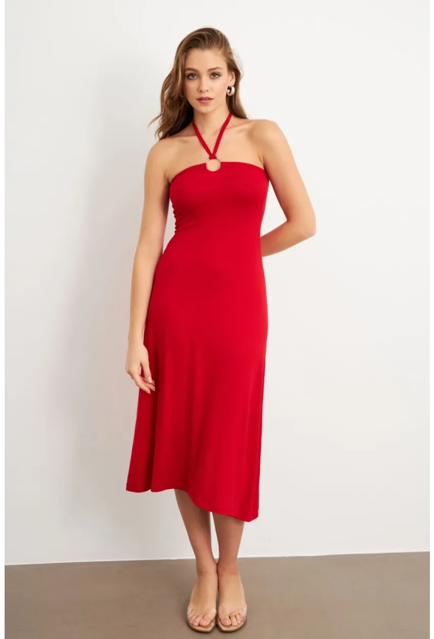 Kadın Kırmızı Halka Detaylı Midi Elbise EY3089