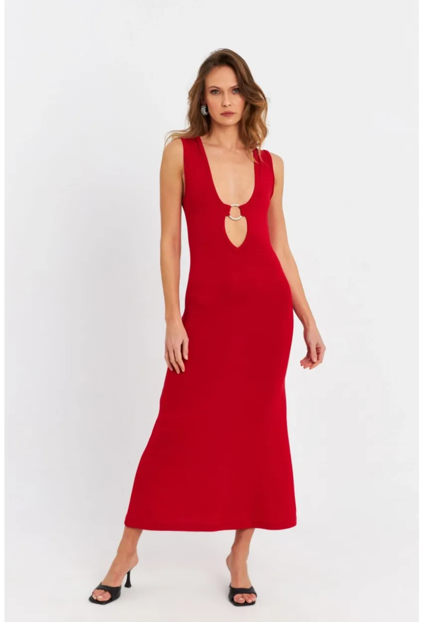 Kadın Kırmızı Halka Detaylı Pencereli Midi Elbise EY3078