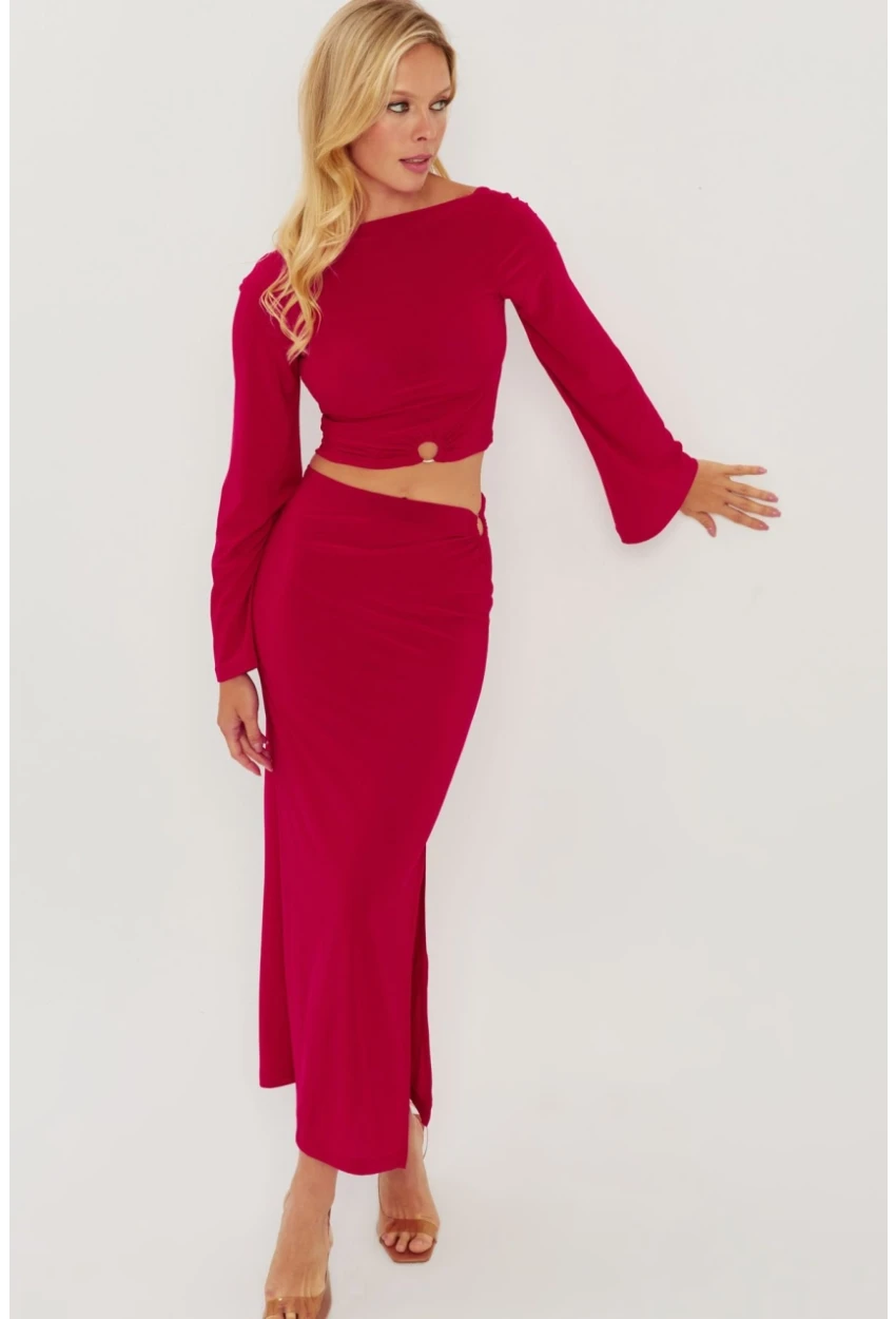 Kadın Kırmızı Halka Detaylı Sırtı Açık Etek Takım HO051