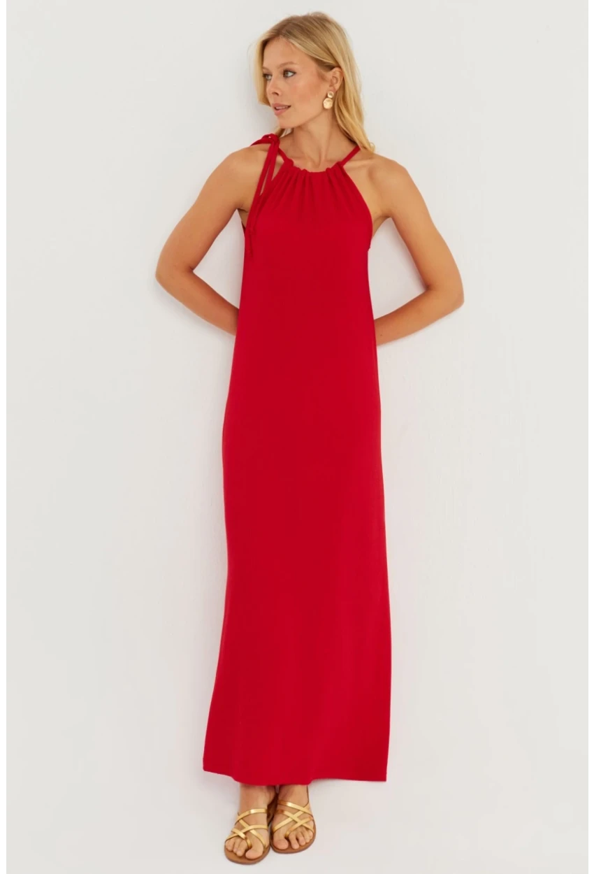 Kadın Kırmızı Halter Yaka Bürümcük Midi Elbise EY2788