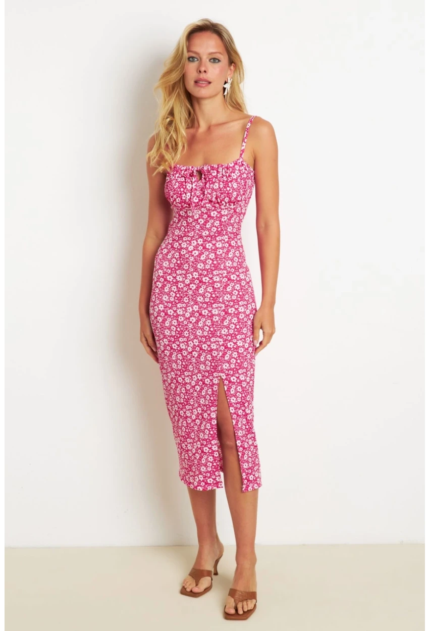 Kadın Kırmızı İnce Askılı Midi Elbise MON125