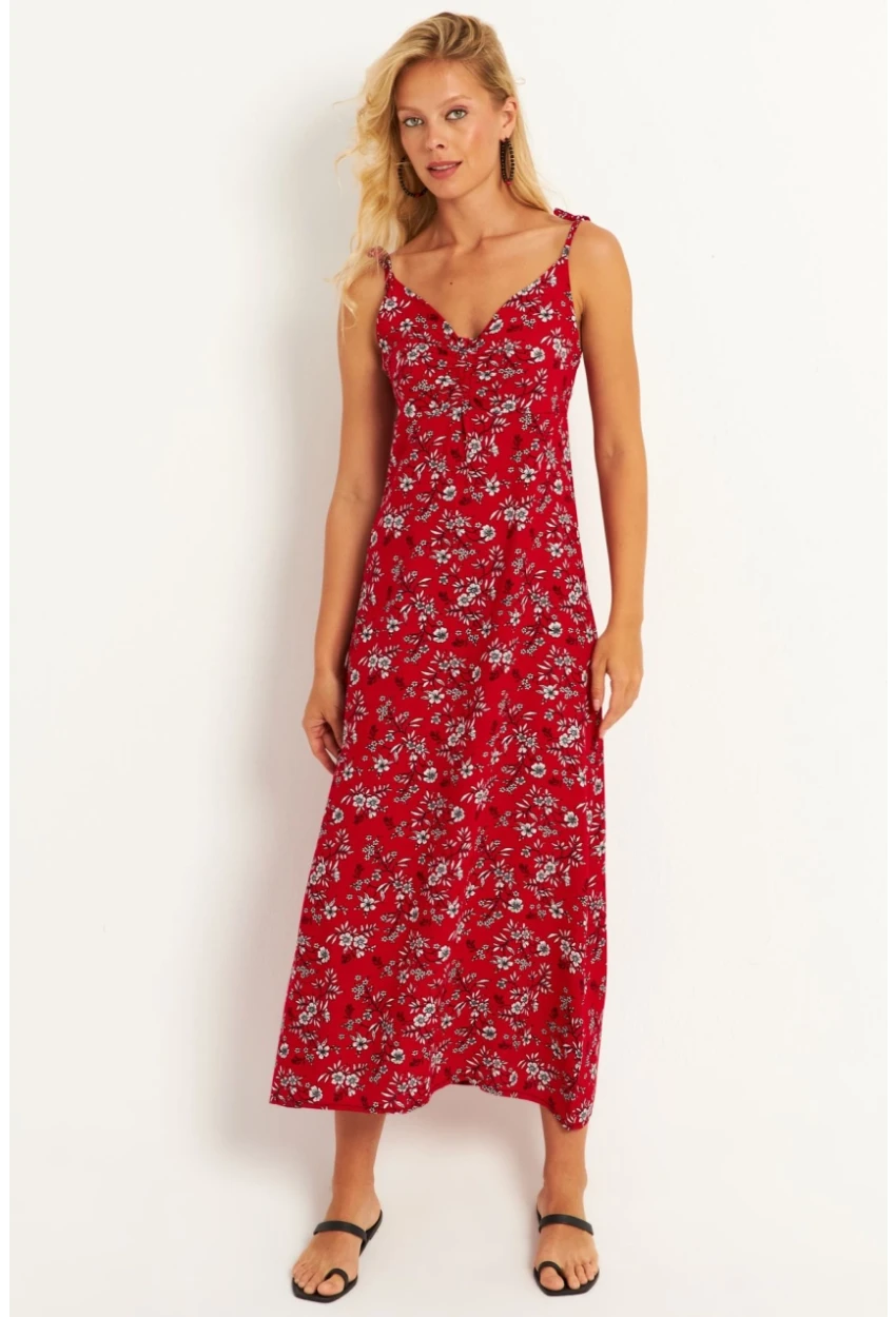 Kadın Kırmızı İp Askılı Çiçekli Midi Elbise GÇ172