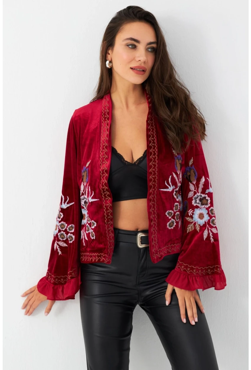 Kadın Kırmızı İspanyol Kol Nakışlı Kadife Ceket QS5577