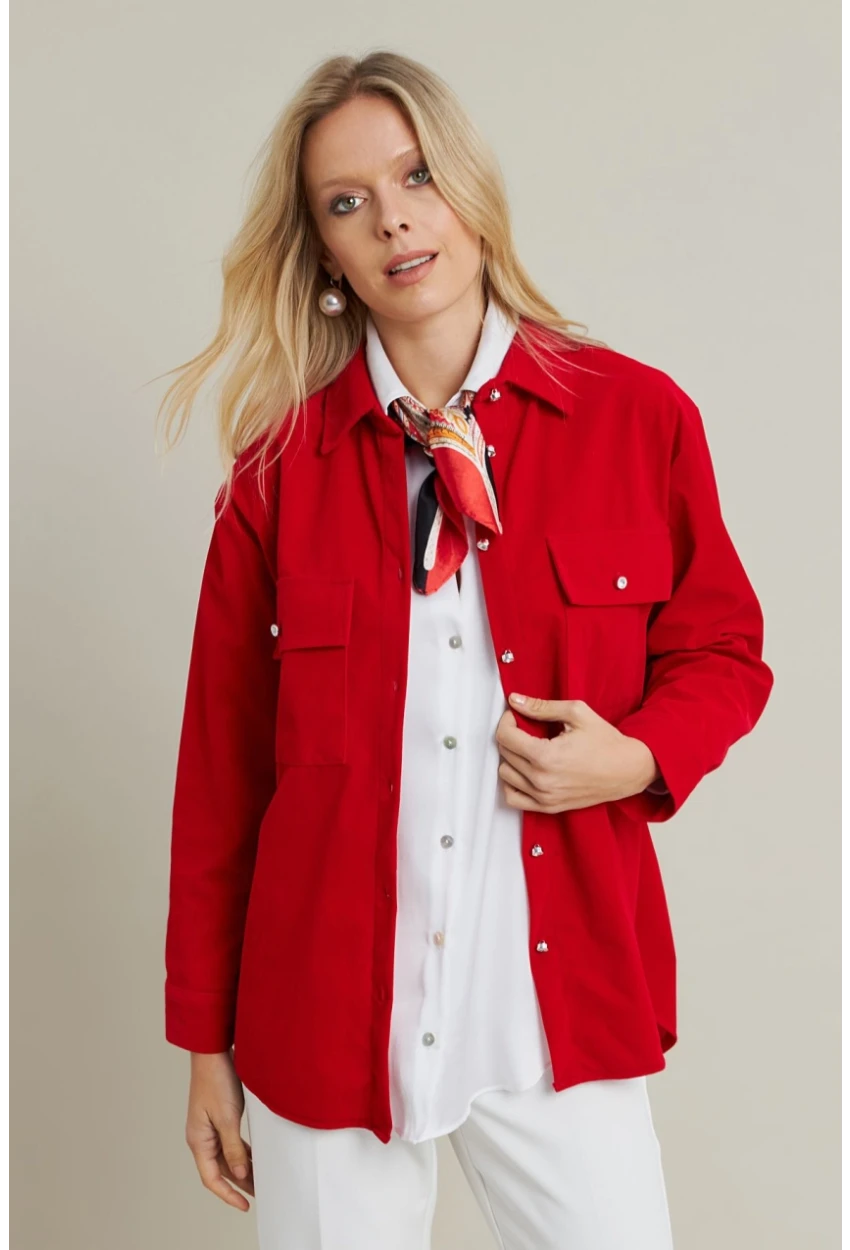 Kadın Kırmızı Kadife Gömlek MCAR1074