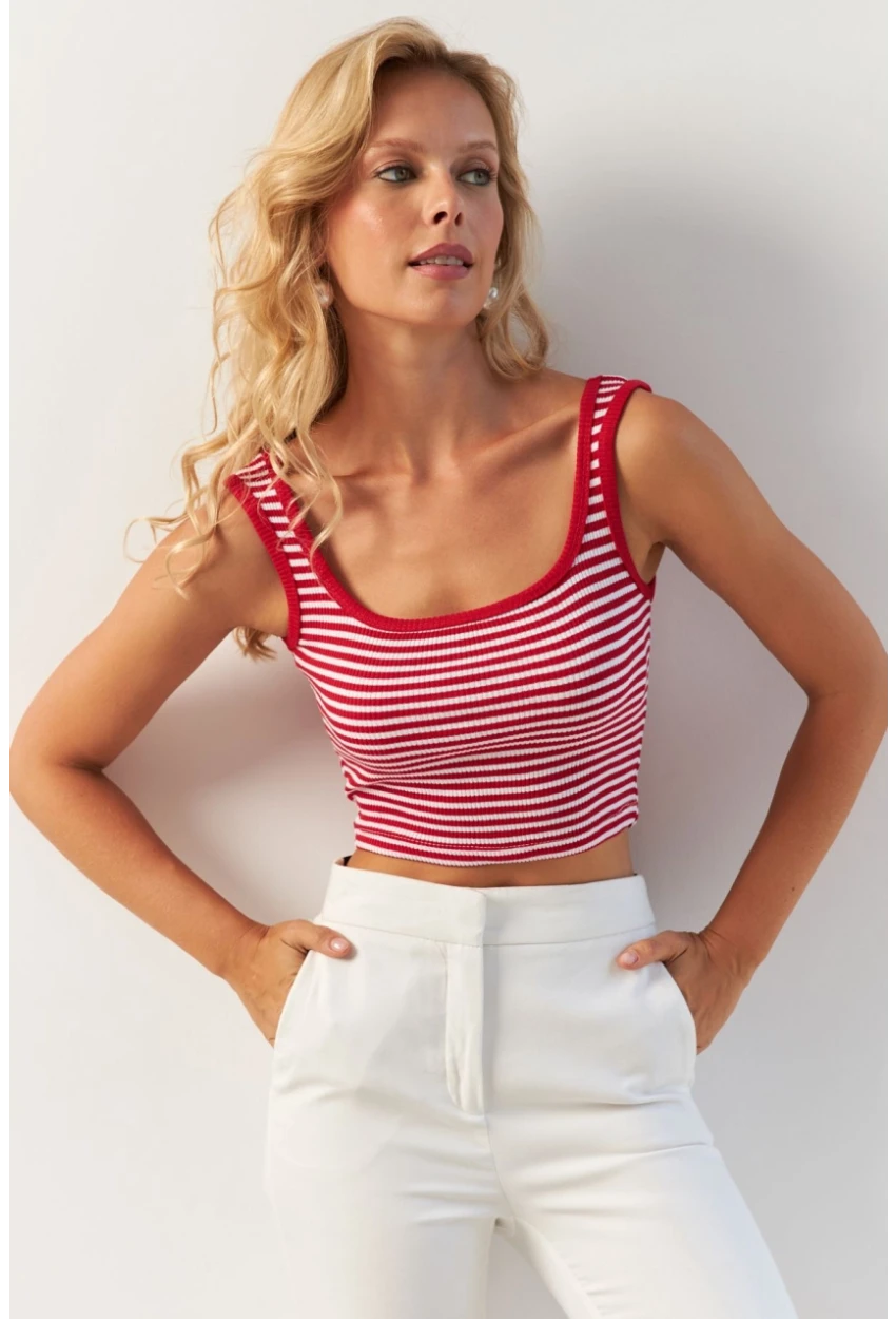 Kadın Kırmızı Kare Yaka Çizgili Bluz XL2036