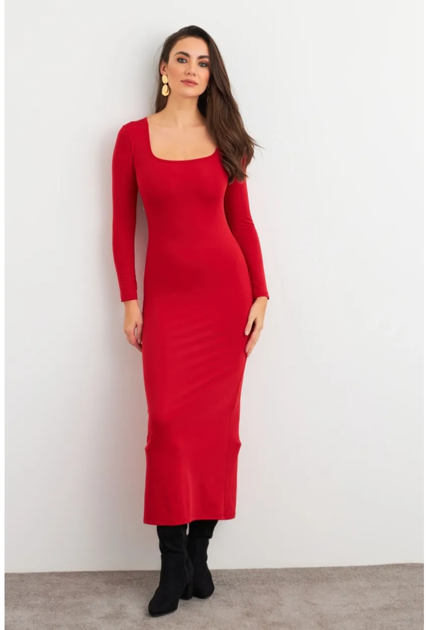 Kadın Kırmızı Kare Yaka Midi Elbise XC8102