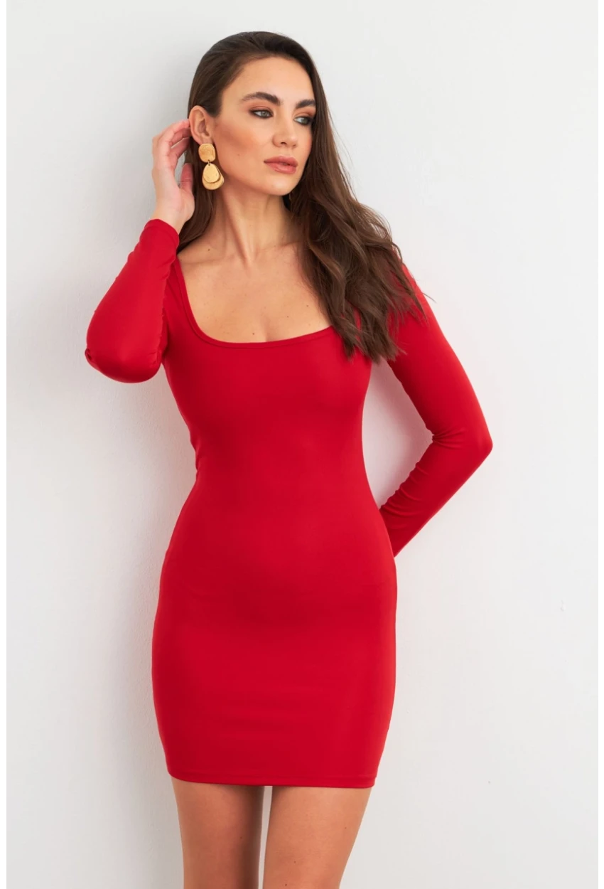 Kadın Kırmızı Kare Yaka Mini Elbise XC8100