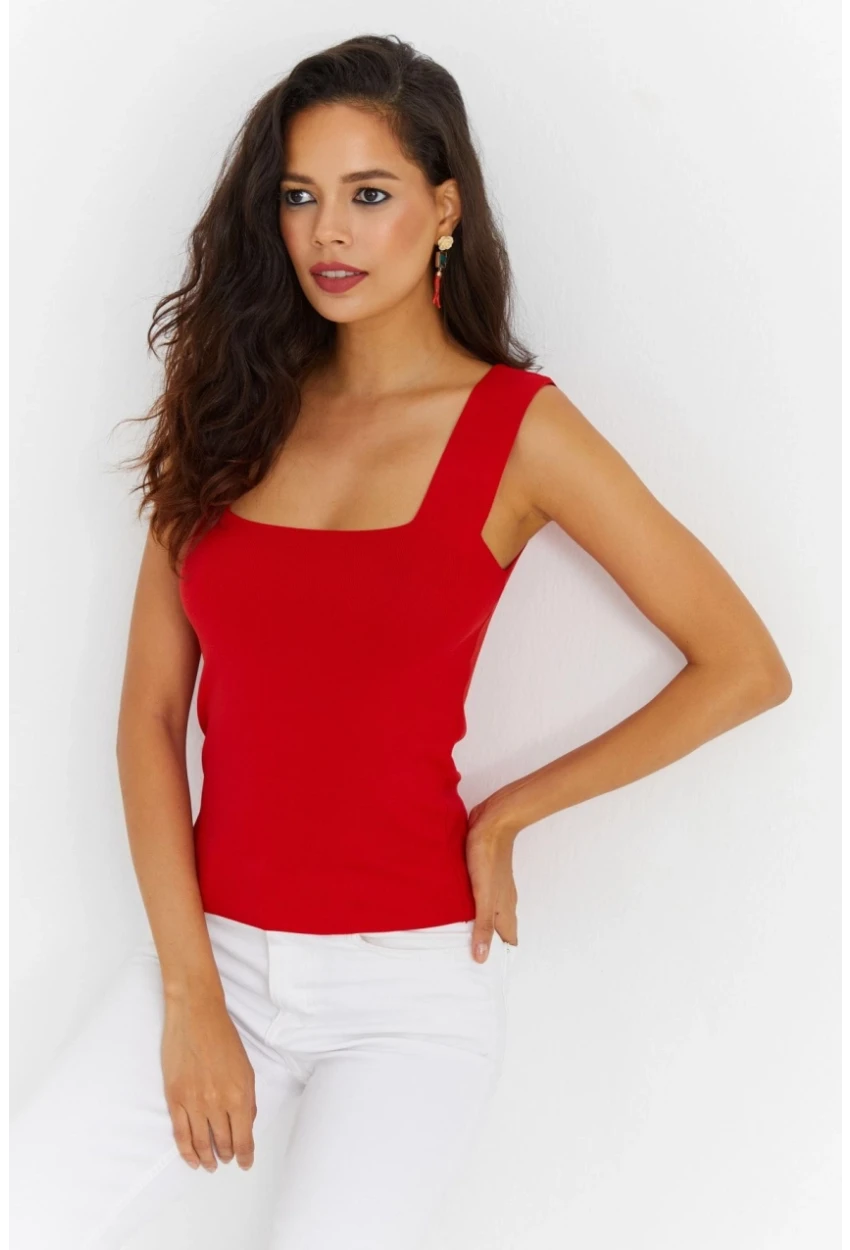 Kadın Kırmızı Kare Yaka Triko Bluz YV87