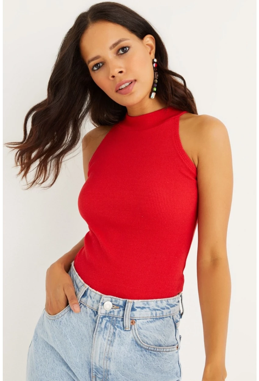 Kadın Kırmızı Kaşkorse Kolsuz Bluz Yİ1566