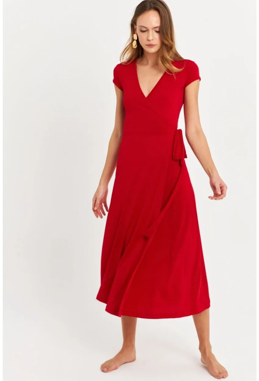 Kadın Kırmızı Kruvaze Midi Elbise EY2785