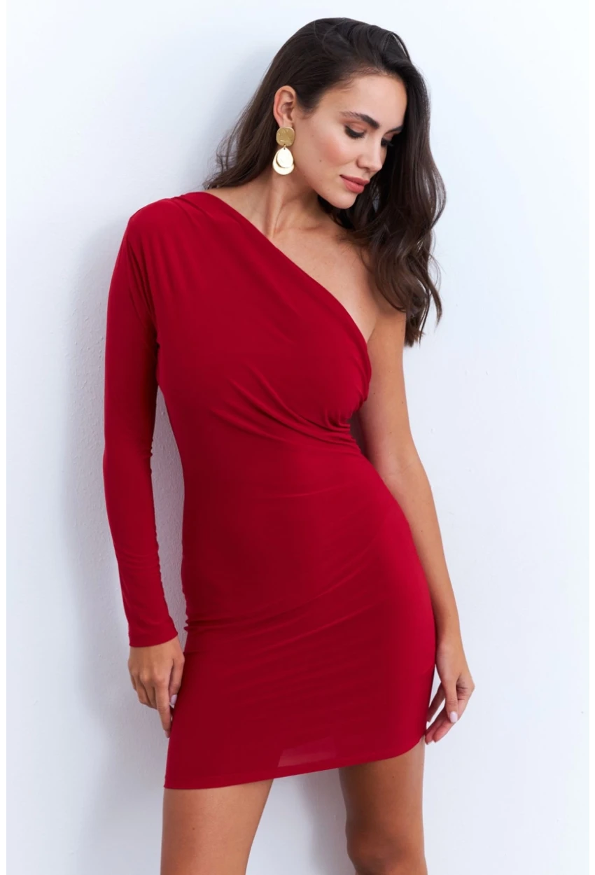 Kadın Kırmızı Kruvaze Tek Kol Mini Yılbaşı Elbise ELT4035