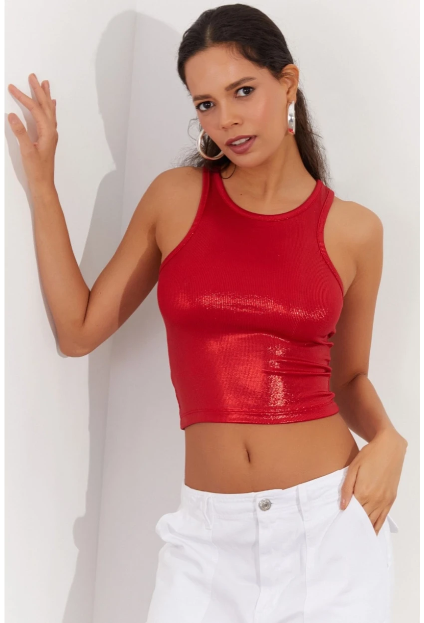 Kadın Kırmızı Metalik Crop Bluz LPP1218
