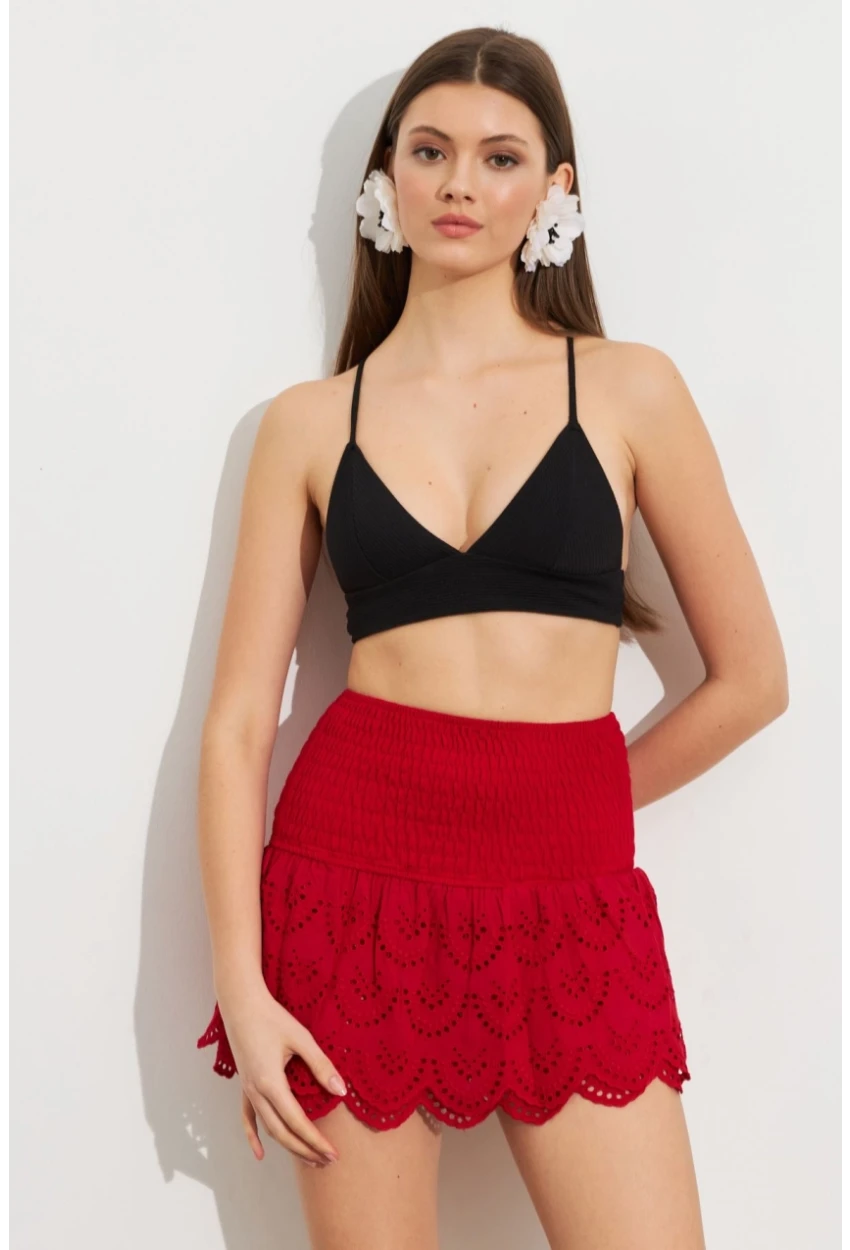 Kadın Kırmızı Nakışlı Mini Etek ZH111