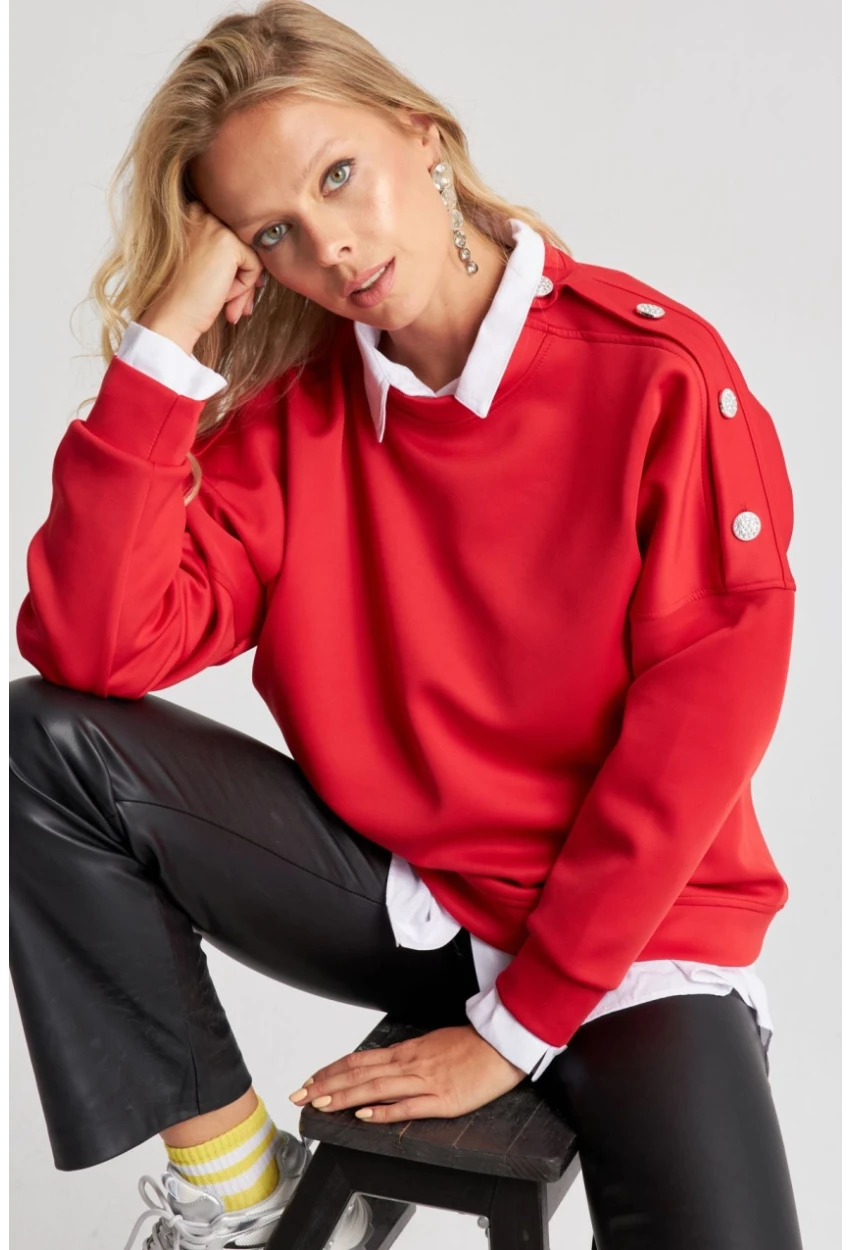 Kadın Kırmızı Omuz Taşlı Dalgıç Sweatshirt ST824
