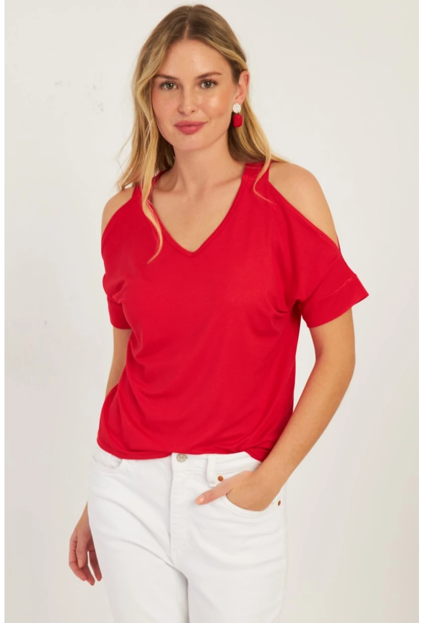 Kadın Kırmızı Omuzları Açık Bluz BR1329