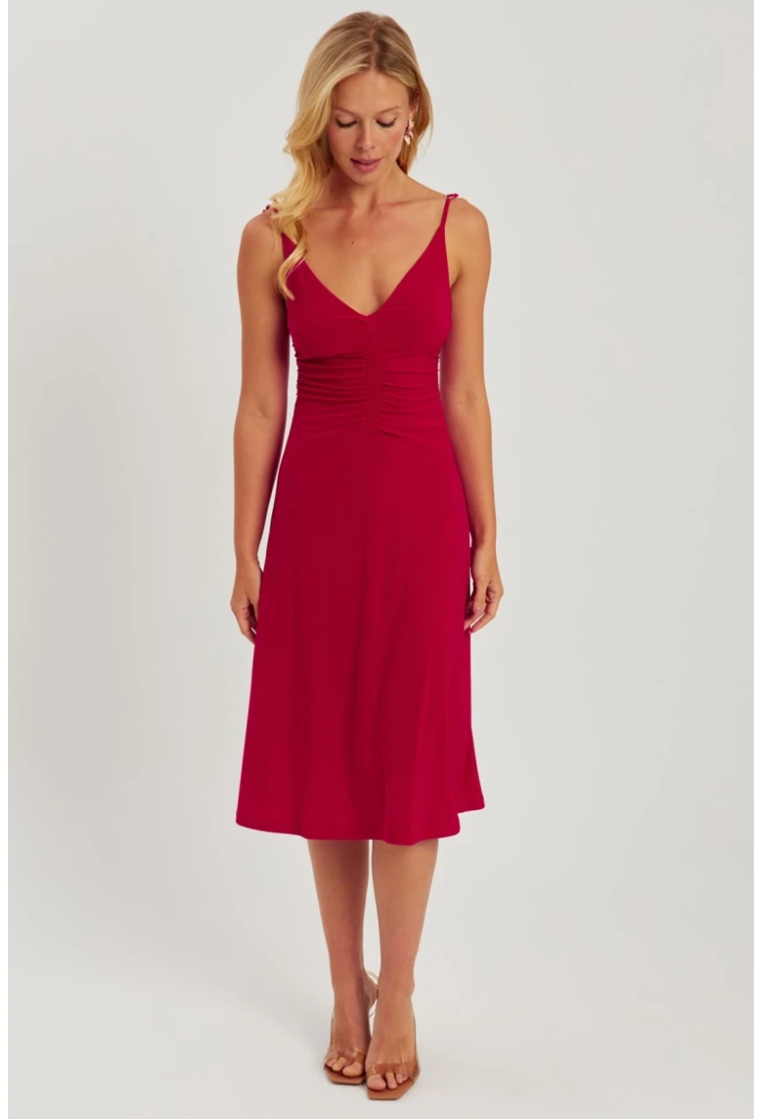 Kadın Kırmızı Önü Büzgülü Midi Elbise HO046
