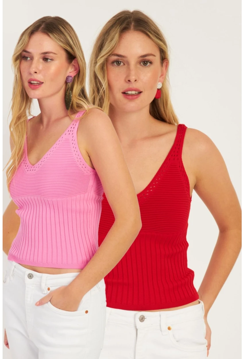 Kadın Kırmızı-Pembe İkili V Yaka Triko Bluz SMT227
