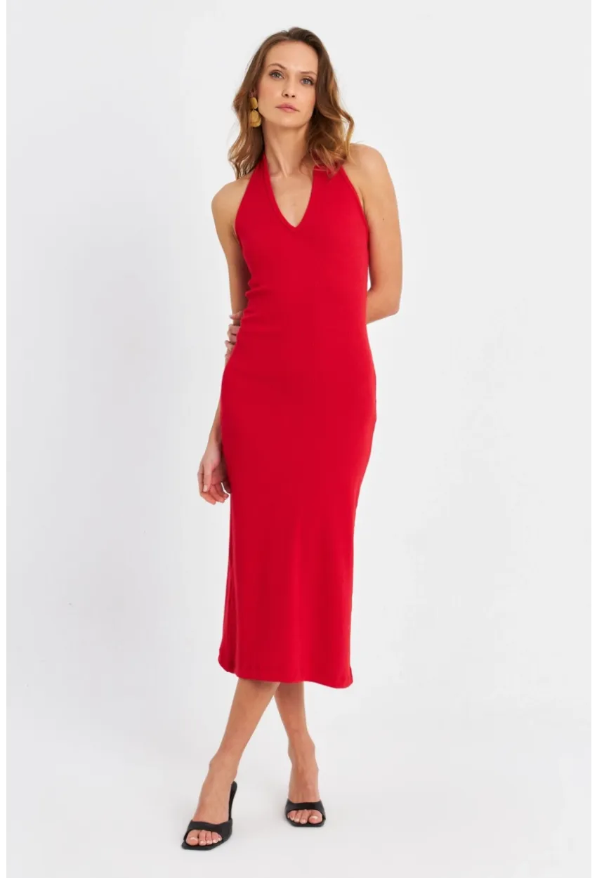 Kadın Kırmızı Pencereli Kaşkorse Midi Elbise EY3063