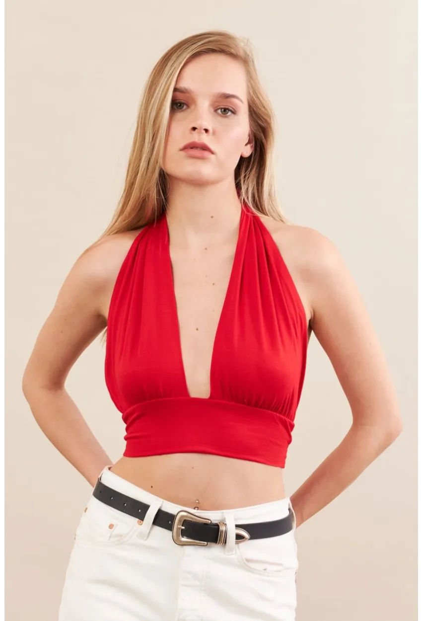 Kadın Kırmızı Sırt Ve Boyun Bağlamalı Bluz EY1472