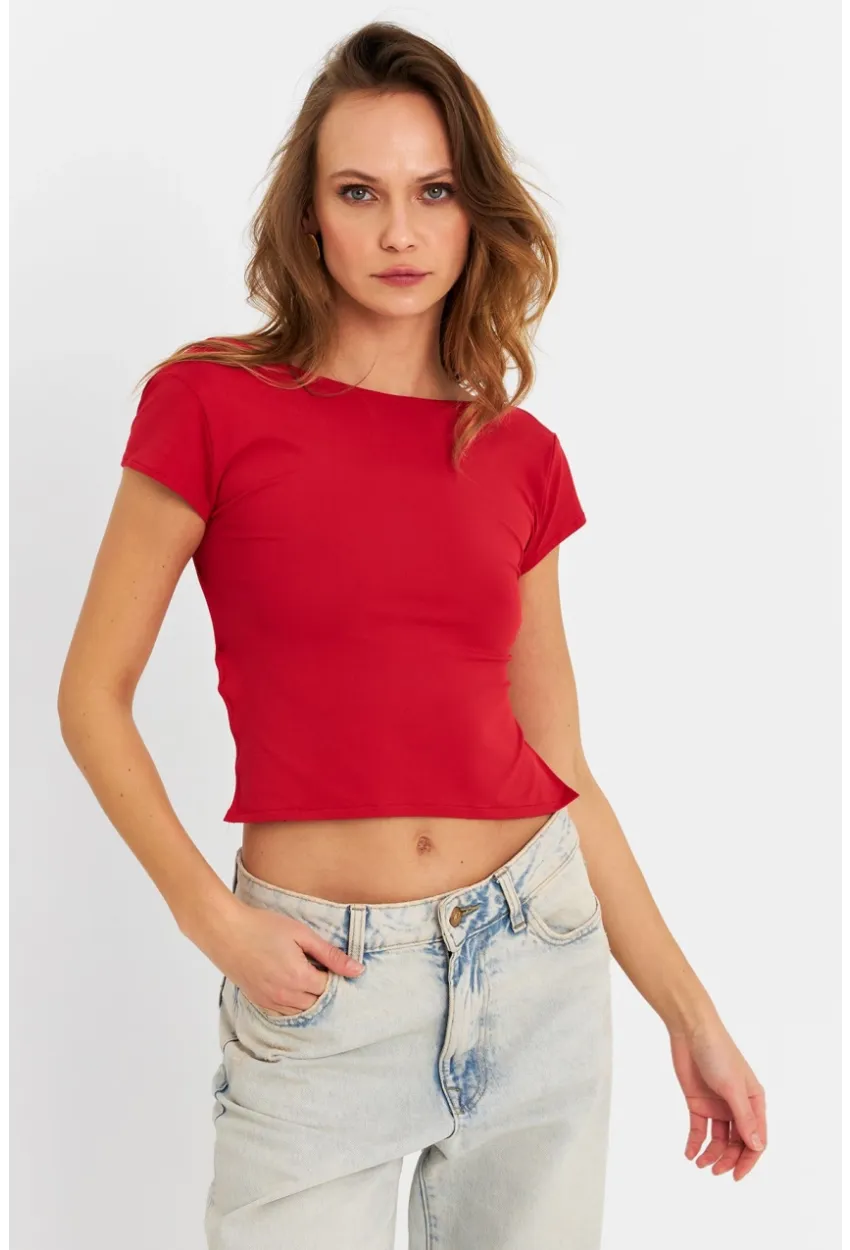 Kadın Kırmızı Sırtı Açık Crop Bluz ZH007