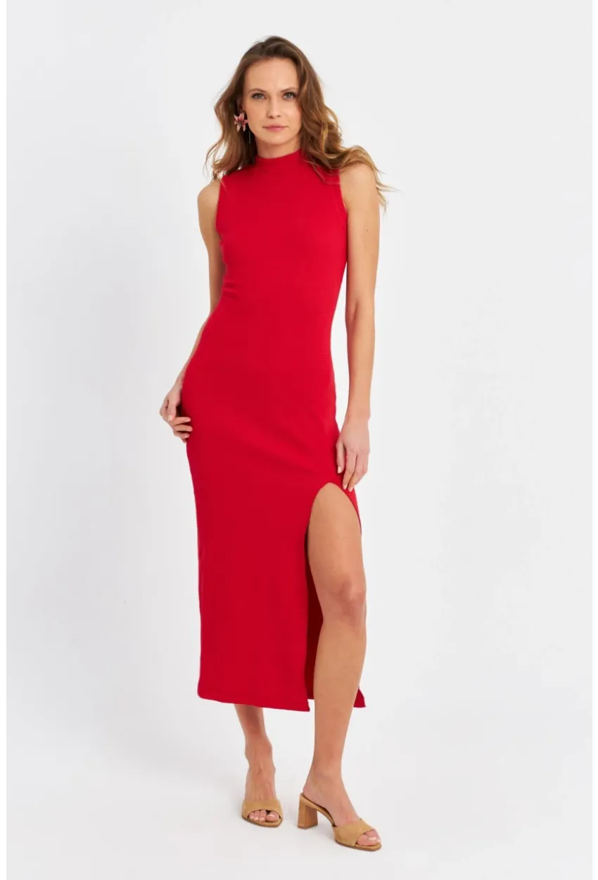 Kadın Kırmızı Sırtı Açık Kaşkorse Midi Elbise EY3064