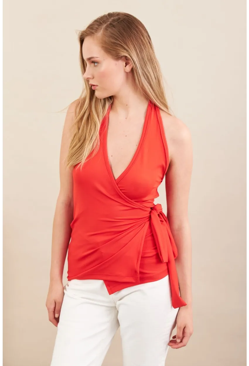 Kadın Kırmızı Sırtı Açık Kruvaze Bluz Ey3095
