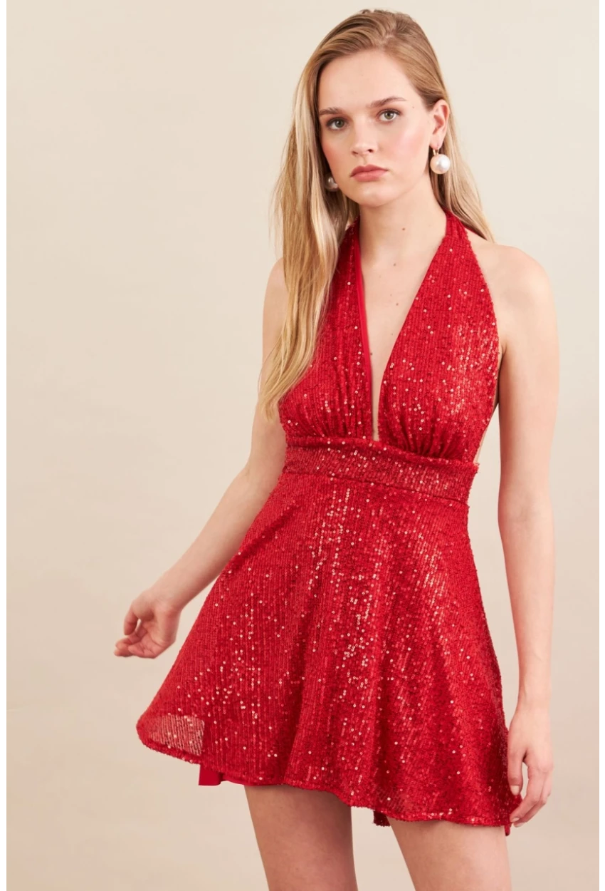 Kadın Kırmızı Sırtı Açık Payetli Astarlı Mini Elbise DCF046