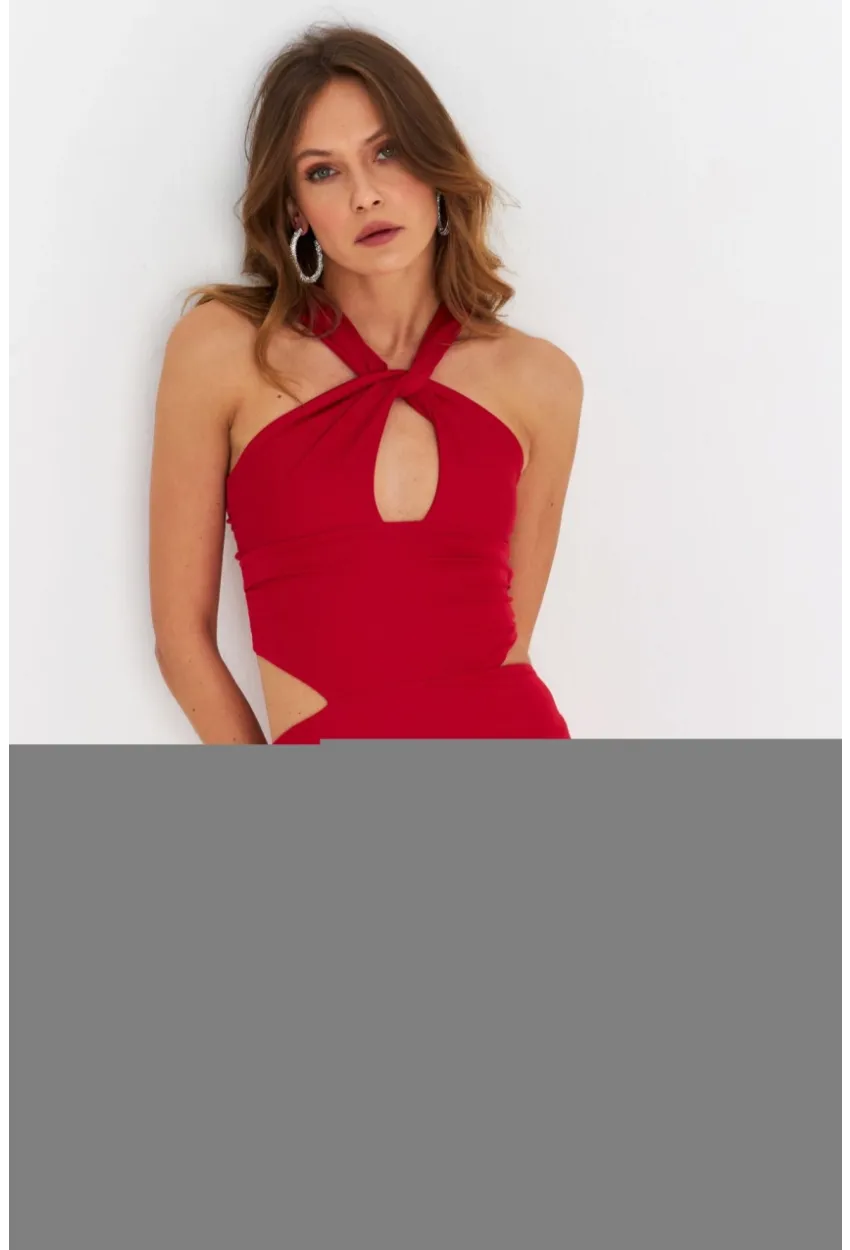 Kadın Kırmızı Sırtı Açık Pencereli Maxi Elbise DCF232